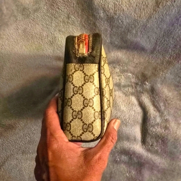 GUCCI Beige & Brown VINTAGE Ophidia Bag W Classic GG Monogram & Red/Green Stripe - Picture 4 of 8